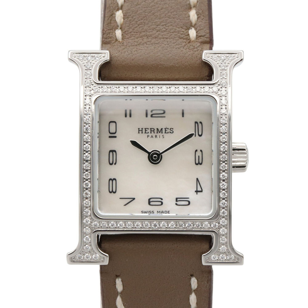 Hermes H-Watch Mini Diamond Bezel Wristwatch, Stainless Steel, Leather Strap,...
